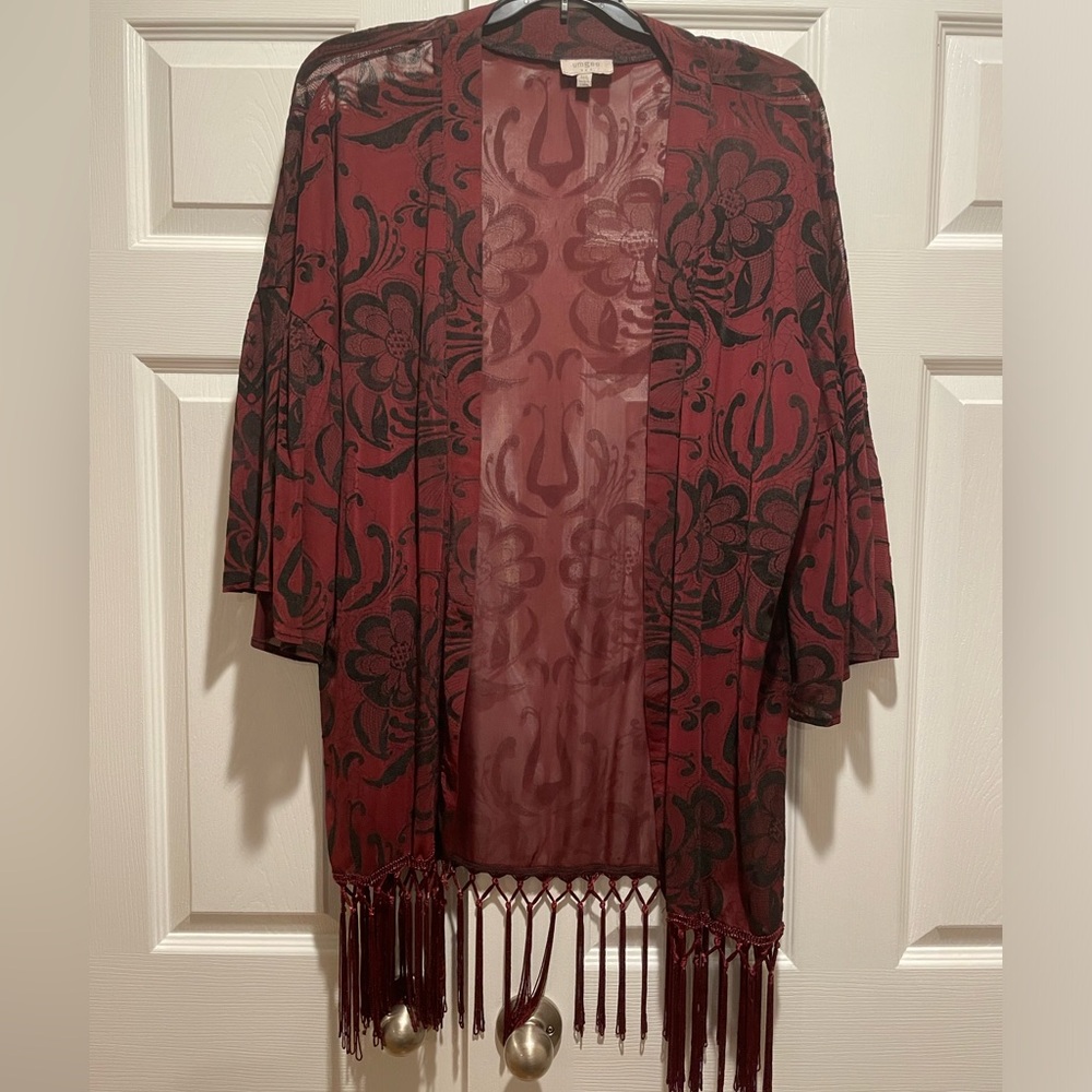 Umgee mesh/velvet wine colored cardigan with fringe hem